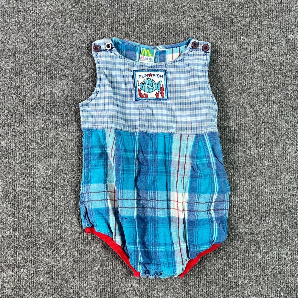 McBaby Romper Baby 6-9M Blue Plaid Sleeveless One-Piece Fun Fish Patch